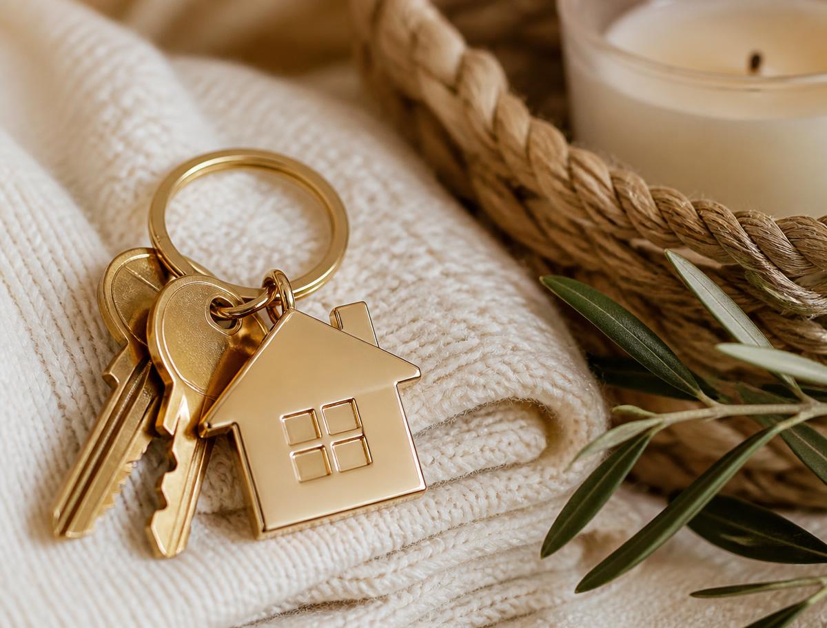 Gold house keychain and keys resting on a cream knit blanket