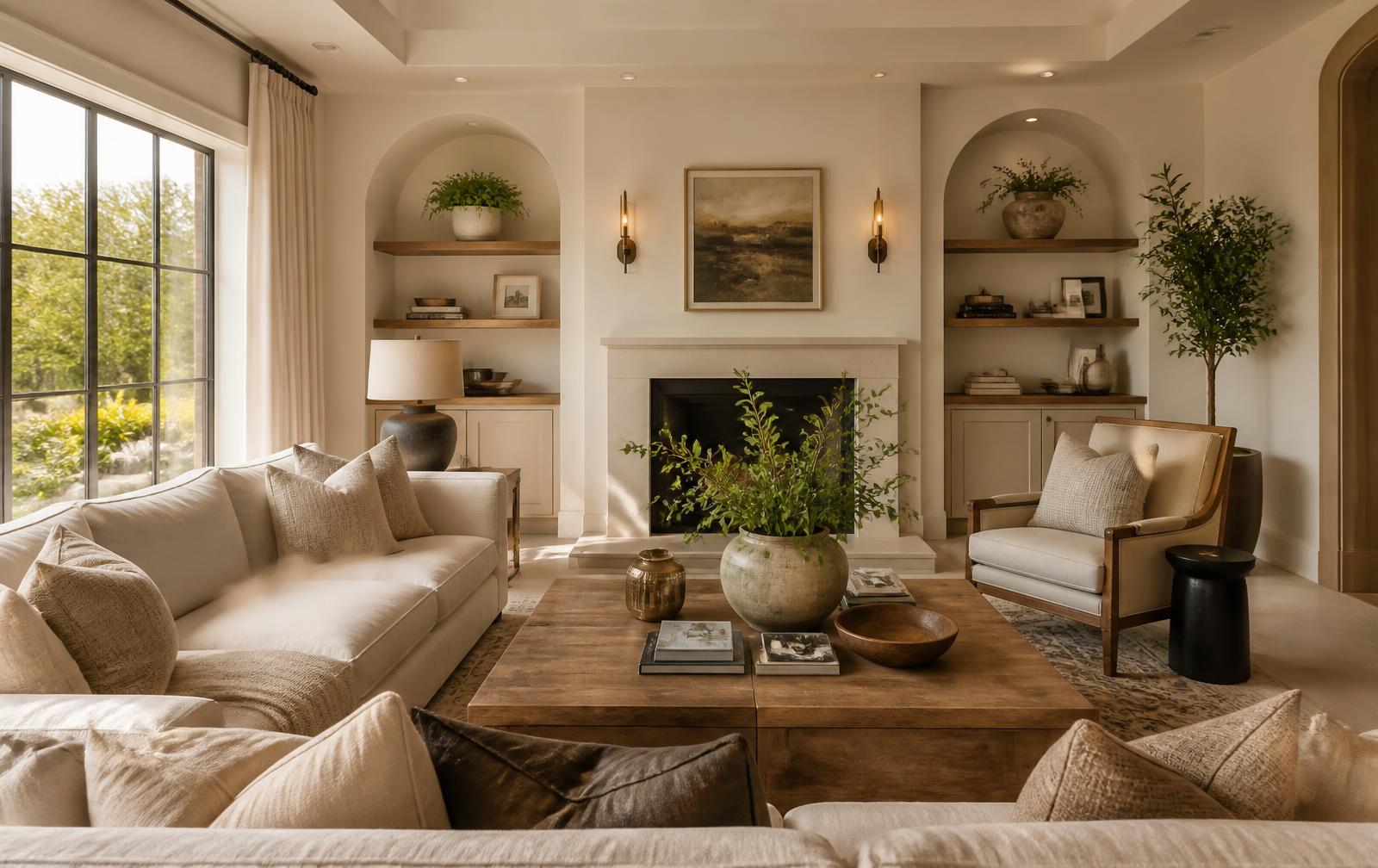 Warm, furnished living room with linen sofas and natural light