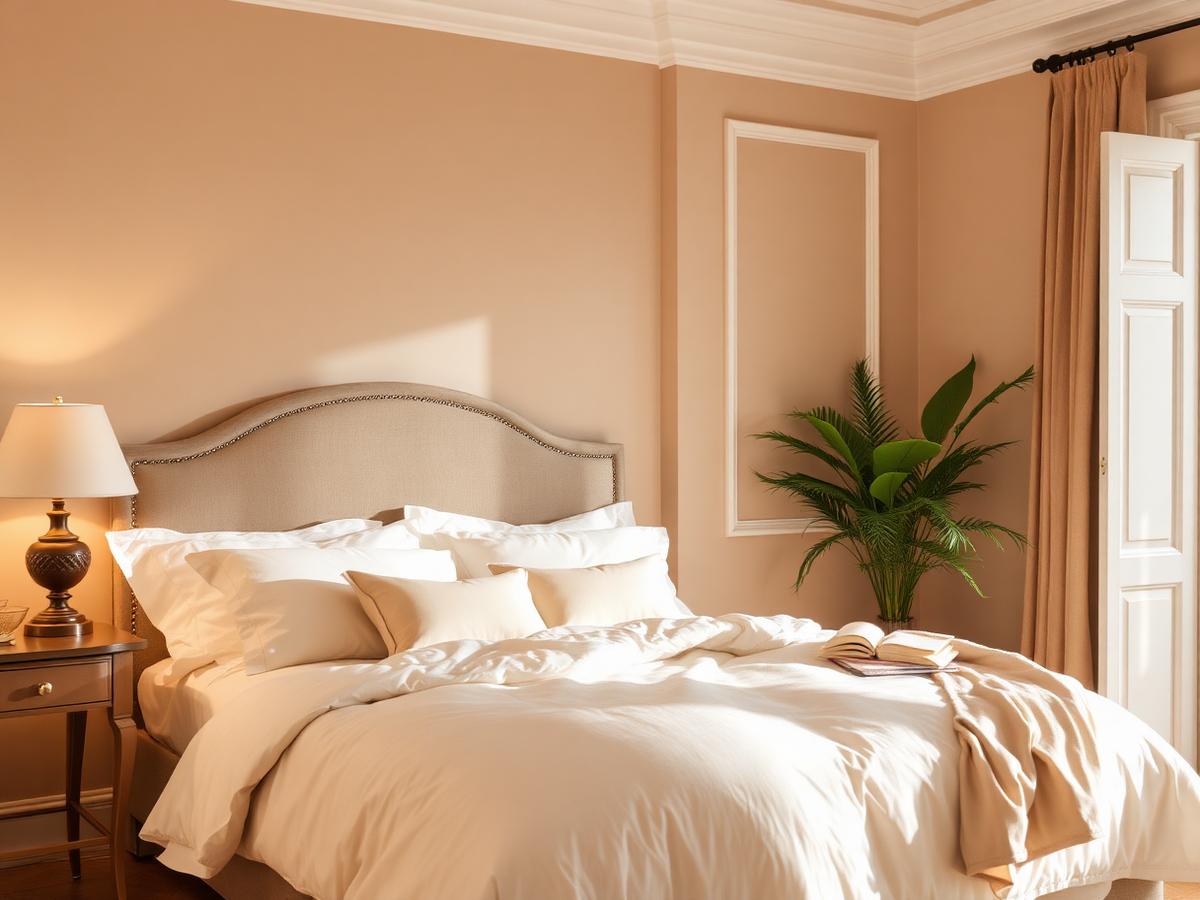 Furnished bedroom with cream linens, nightstand lamp and a plant