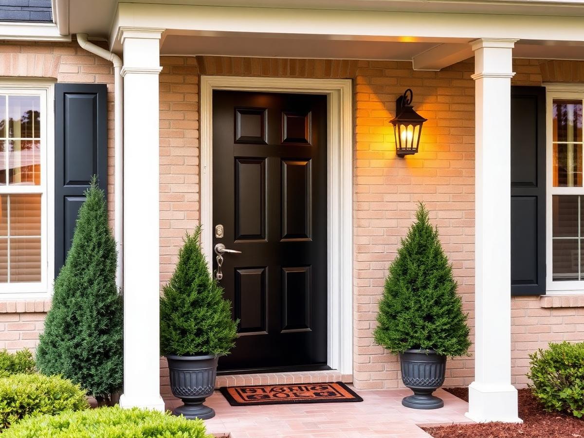 Welcoming residential front entrance with potted evergreens