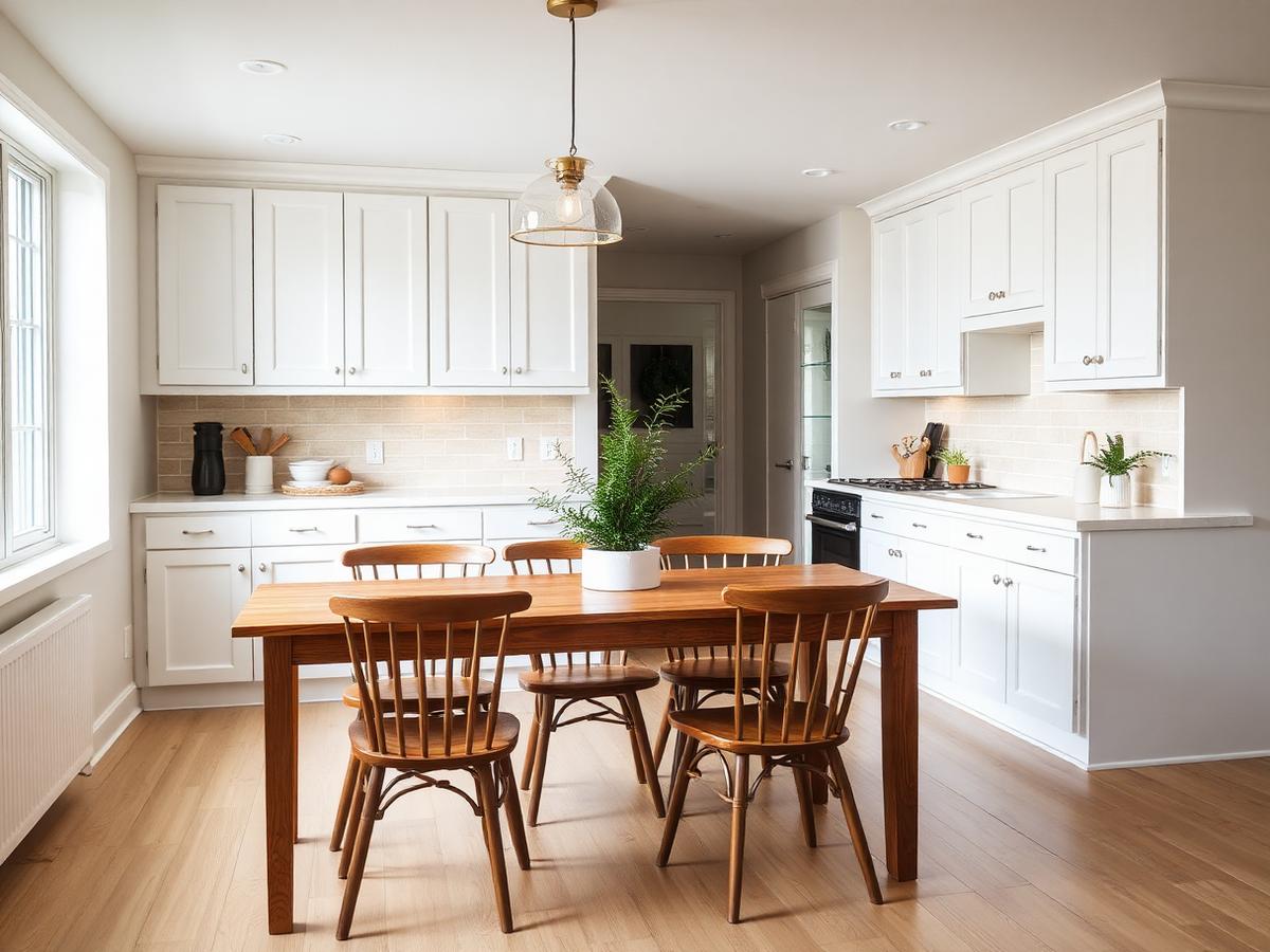 Clean shared kitchen with a wooden dining table and white cabinetry